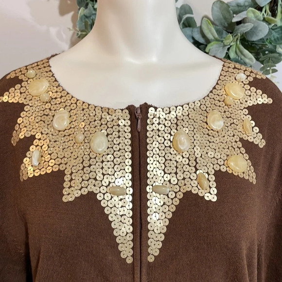 NWT Tasha Polizzi Brown Zip Front Cardigan Gold Sequin Stone Bead Detail… - Picture 2 of 16